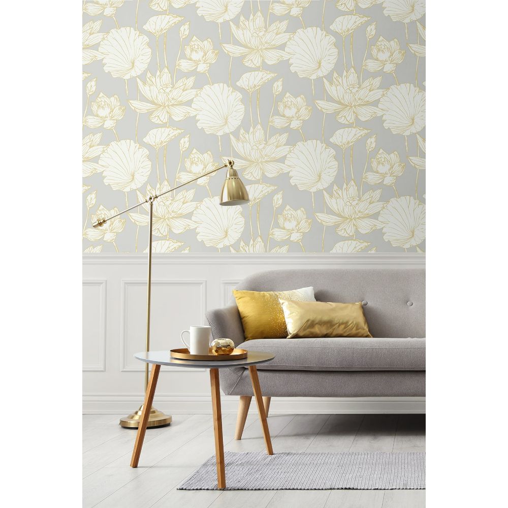 Seabrook Wallpaper ET10906 Water Lily Floral in Metallic Gold & Grey